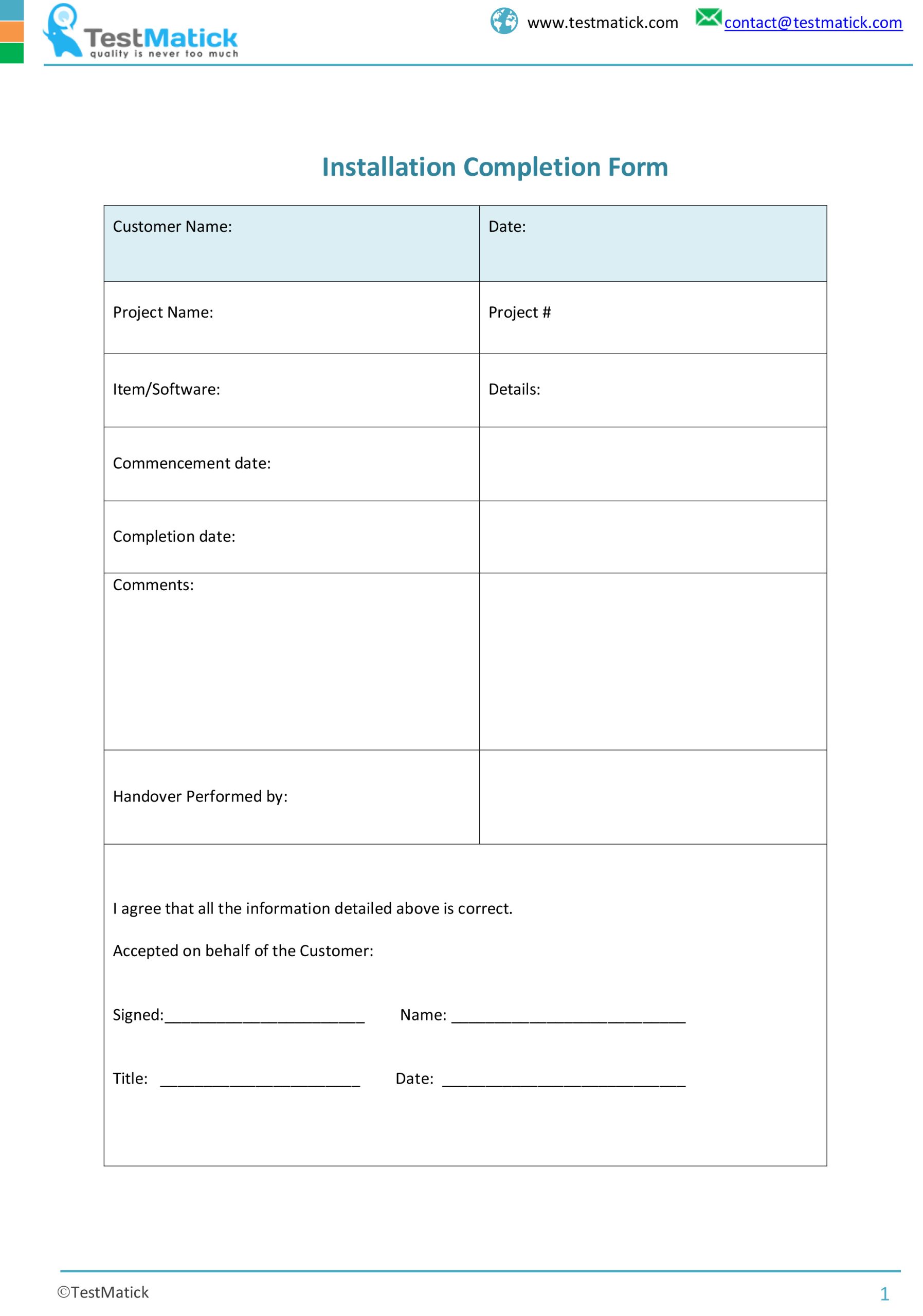 Installation Completion Form